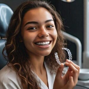 Girl Holding Invisalign Clear Aligners: The Invisible Solution for Straightening Teeth
